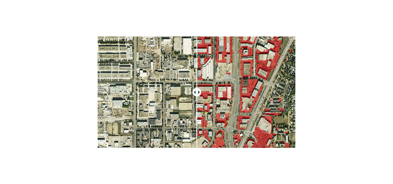 Imágenes de satélite que muestran un grupo de edificios con el contorno de algunos en rojo