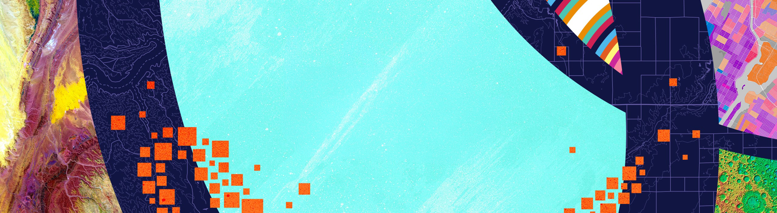 The words Esri User Conference on a pale blue background with multicolored abstract curved graphics on each side