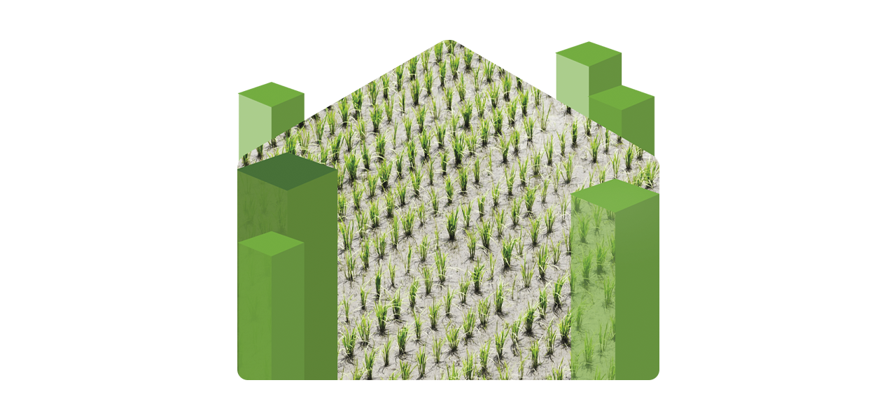 A composite photo of a large sunlit farmland with an overlay of a colorful heat map grid as a drone flies overhead