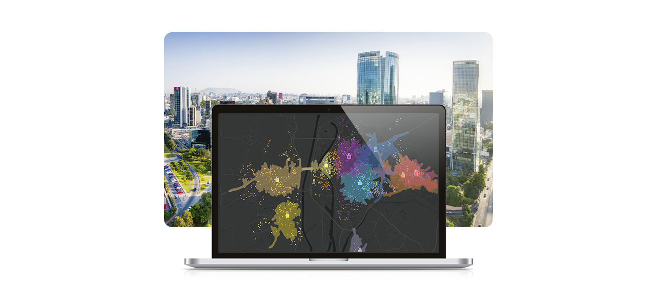 A composite photo of a large sunlit farmland with an overlay of a colorful heat map grid as a drone flies overhead