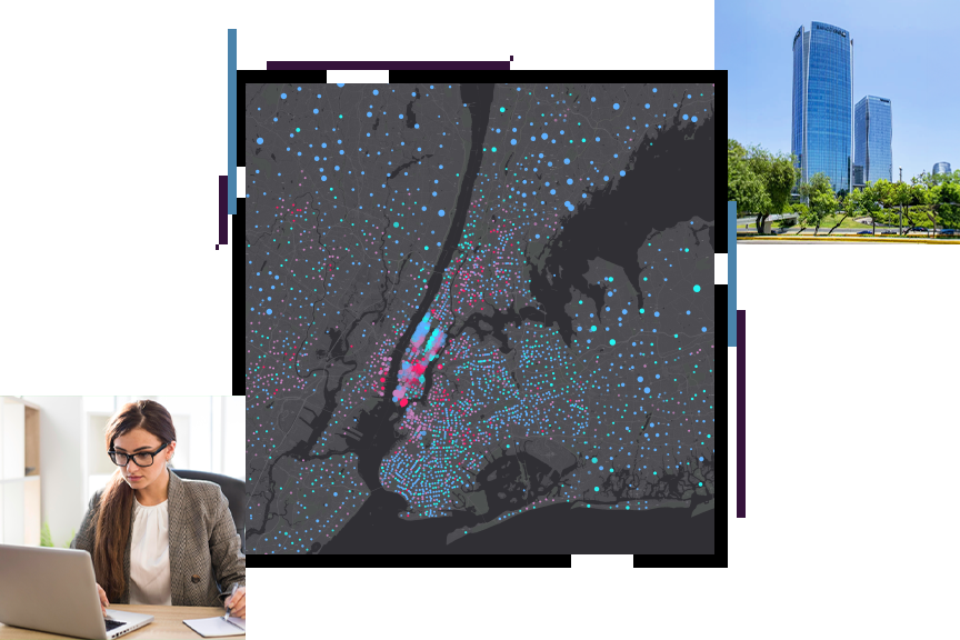 Brownstone buildings and a city sidewalk, a map of New York City and the surrounding area, and a woman looking at a tablet