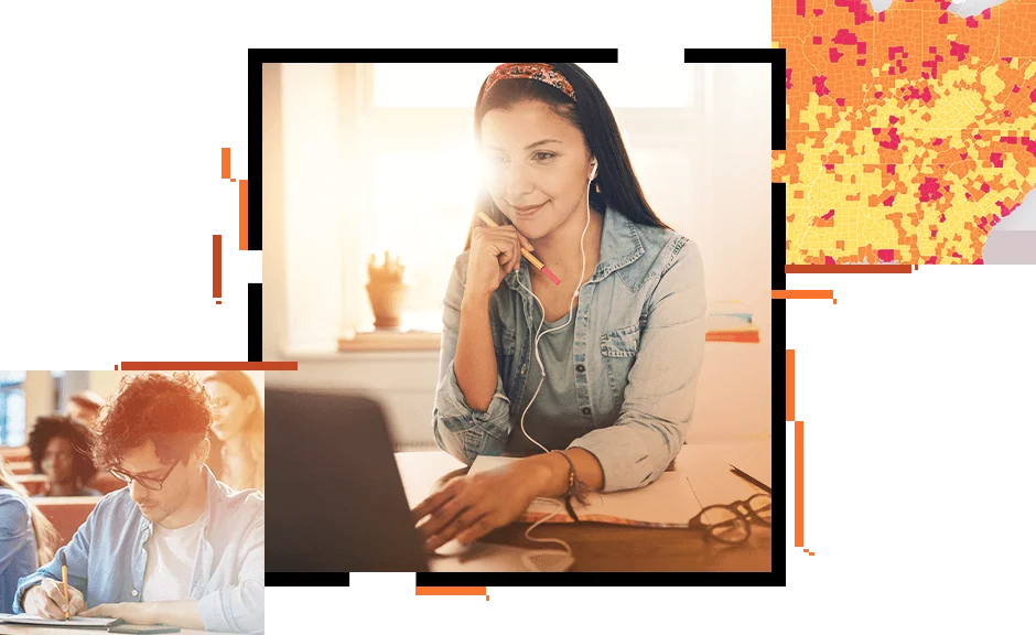 In a classroom full of students, a person looks up at the instructor next to him, and a map of New York City with dots on it