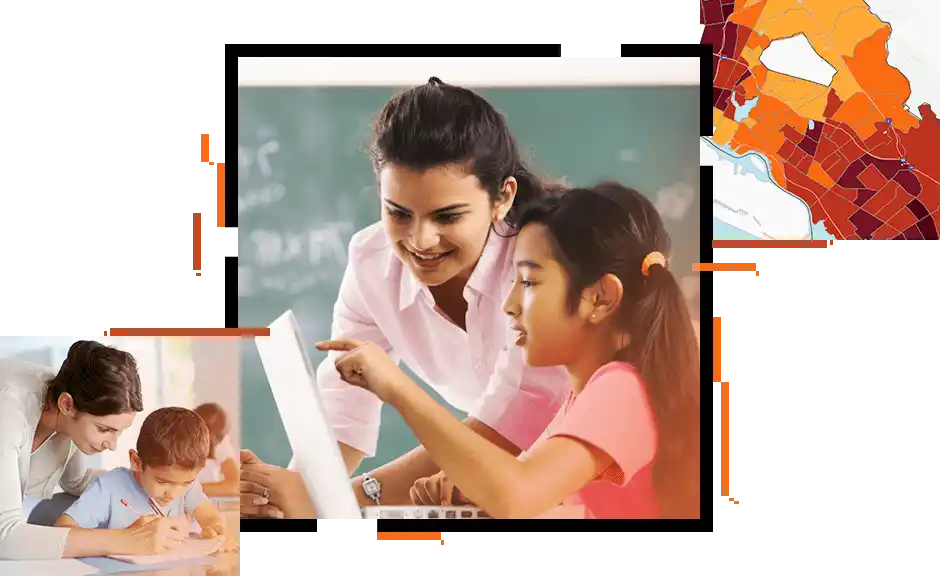 In a classroom full of students, a person looks up at the instructor next to him, and a map of New York City with dots on it