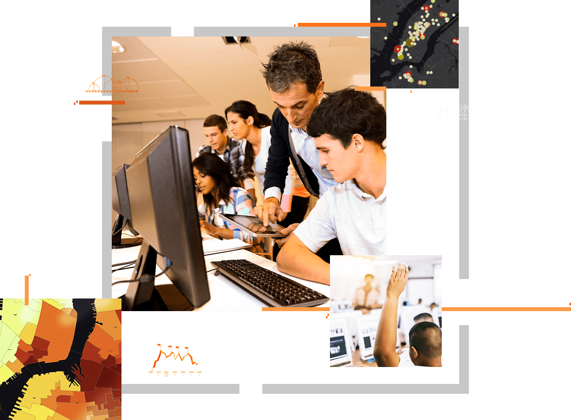 In a classroom full of students, a person looks up at the instructor next to him, and a map of New York City with dots on it