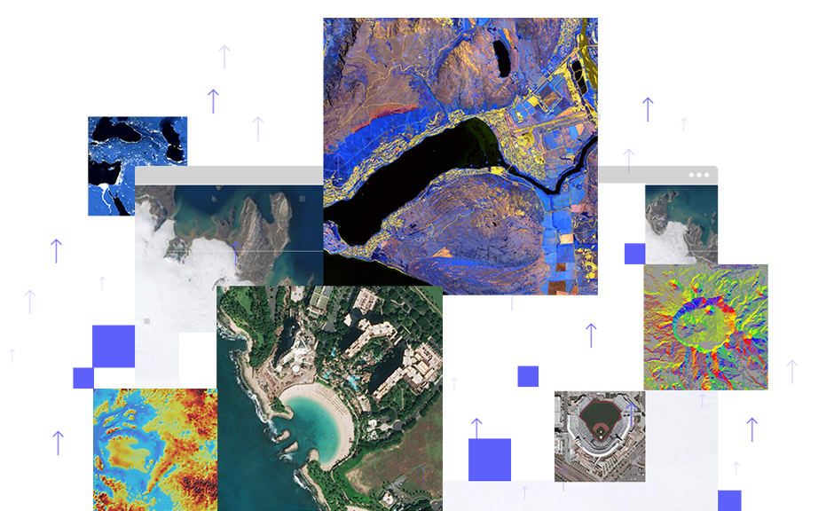 A vertical concentration map in orange and gray, a server room in vivid blue and white, and a person in safety gear holding a tablet beside a wind turbine