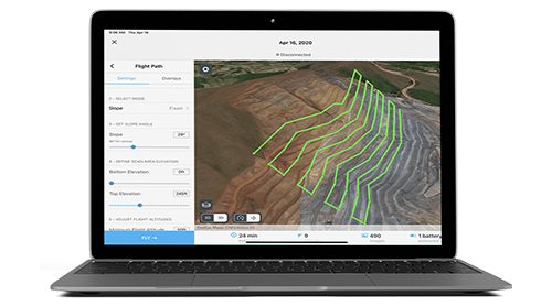 Un portátil que muestra un mapa de un área delineada en azul con marcas de calor y edificios en los alrededores delineados en rojo