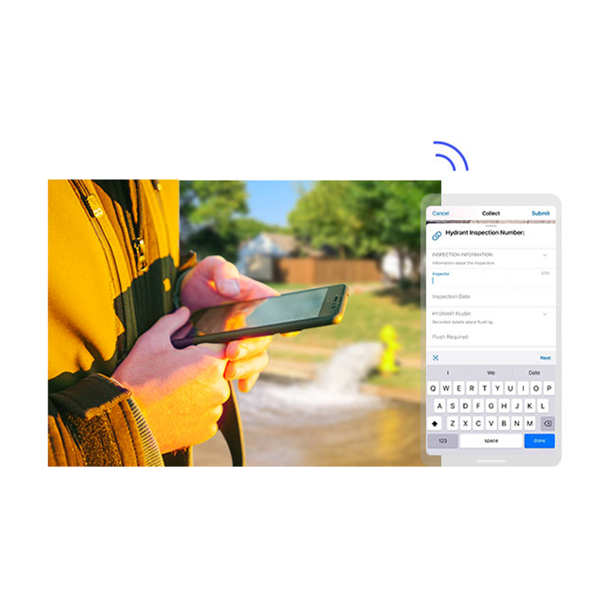 A composite photo of a large sunlit farmland with an overlay of a colorful heat map grid as a drone flies overhead