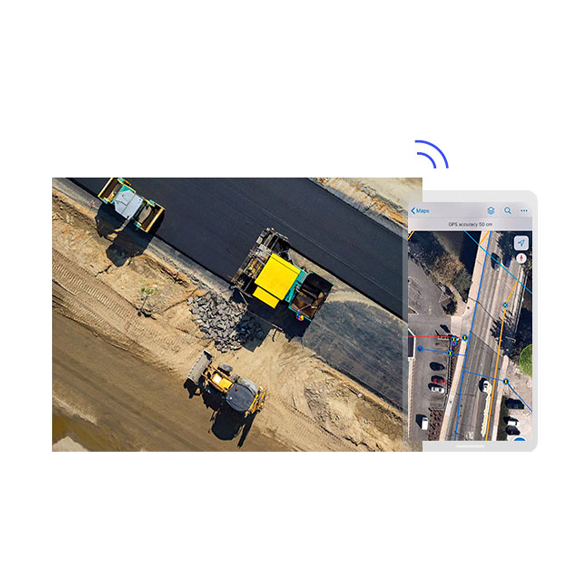 A composite photo of a large sunlit farmland with an overlay of a colorful heat map grid as a drone flies overhead