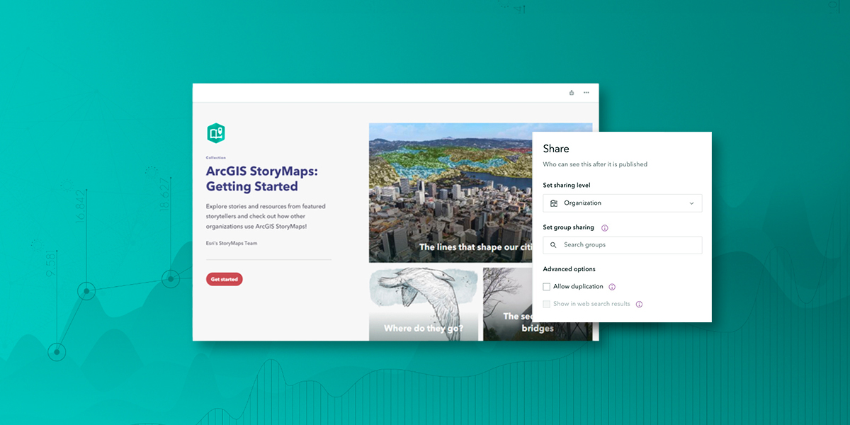 Página web con las palabras ArcGIS StoryMaps en azul con una imagen dentro de un cuadro emergente blanco con texto e iconos 