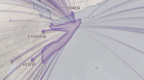 Mapa de Etiopía con líneas moradas que se alejan en todas las direcciones para representar la migración de refugiados