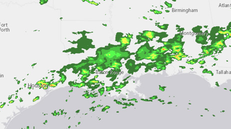 Mapa del sur de Luisiana con secciones de color verde que representan los daños causados por las inundaciones