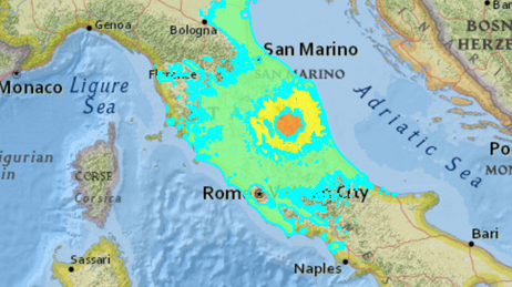 Mapa del área en torno a Visso, Italia, en el que se usan diferentes colores para representar el impacto del terremoto
