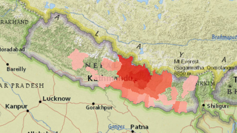 Mapa que muestra una zona de Nepal con áreas rojas que reflejan dónde se han producido lesiones y muertes