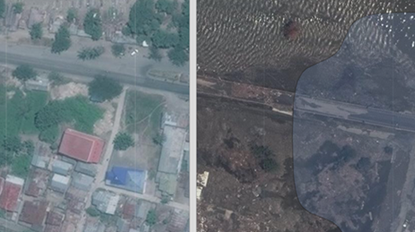Foto aérea dividida en dos mitades en la que se muestra una zona de Palu, Indonesia, antes y después de un terremoto y un tsunami