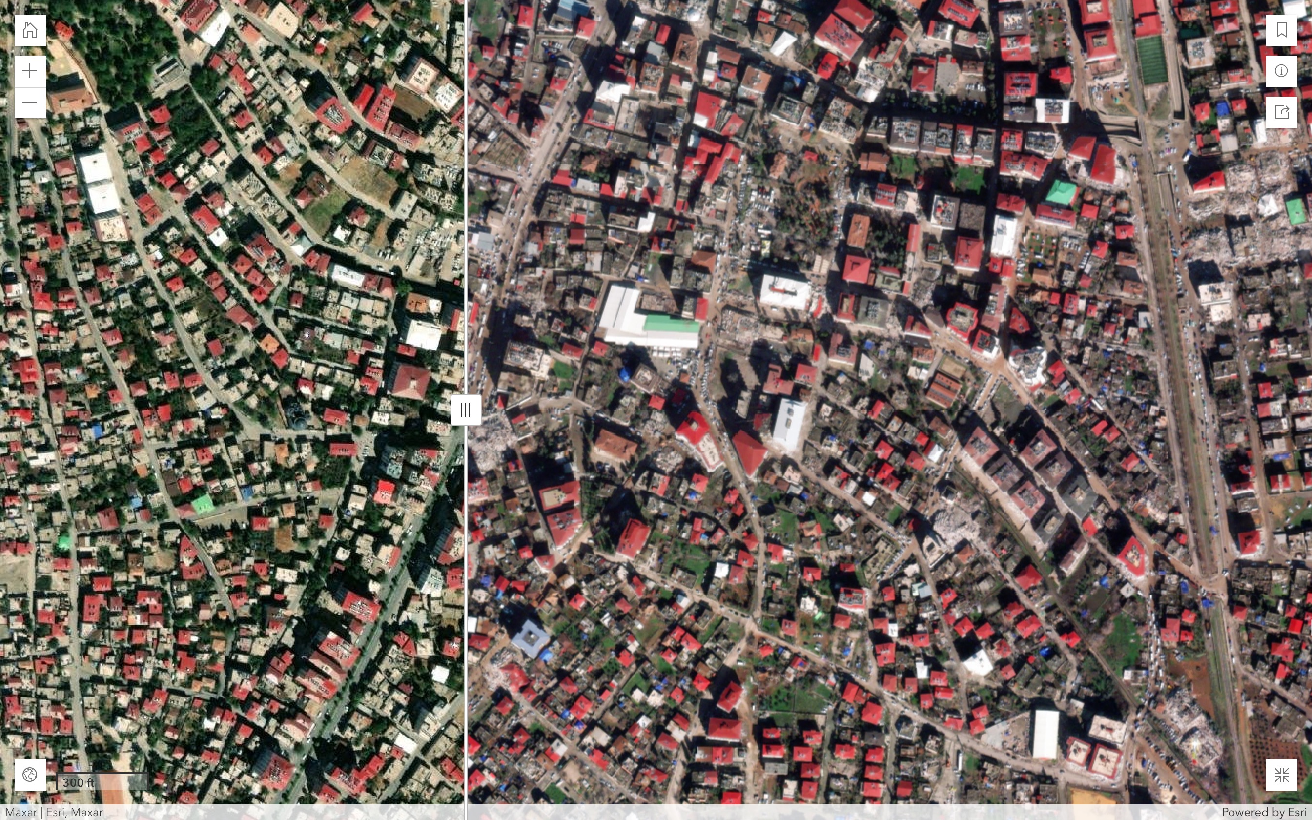 Mapa sísmico swipe que muestra la destrucción ocasionada por los terremotos de Turquía en febrero de 2023. 