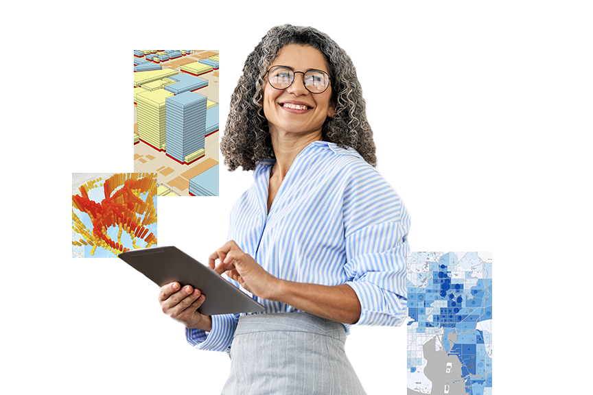 Una mujer sonriente con un top de rayas azules tecleando en una tableta con imágenes insertadas de un mapa y edificios 3D.