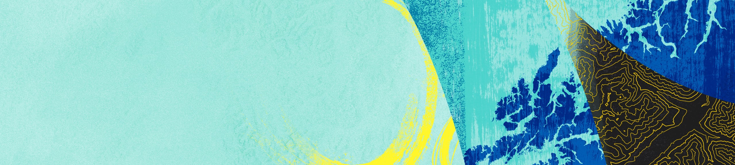 Collage of colorful abstract shapes, patterns, and designs including stylized mapping elements