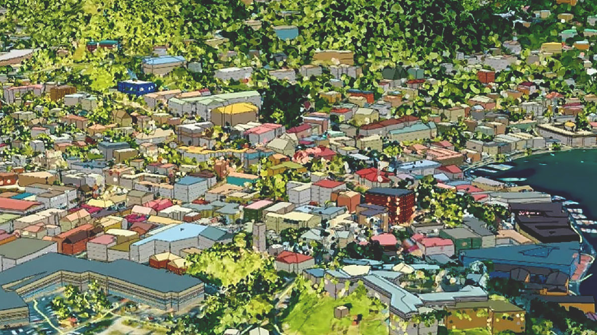 Un modelo 3D de una ciudad situada entre un puerto y la ladera de una montaña