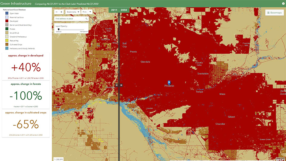 Un mapa muestra la expansión prevista de la infraestructura verde en Phoenix (Arizona) entre 2011 y 2050