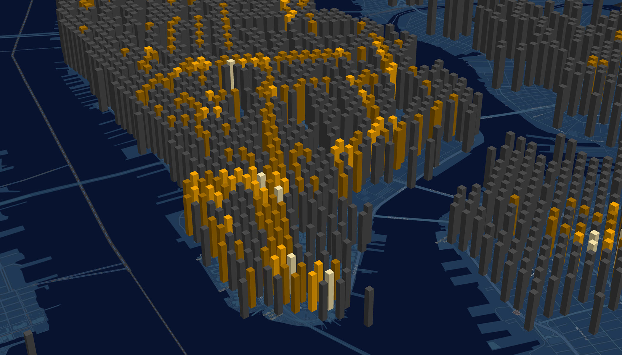 Visualización de un mapa urbano en 3D con columnas altas de distintas alturas y colores, del gris al amarillo, que indican la intensidad de los datos en distintas zonas de una cuadrícula azul oscuro.