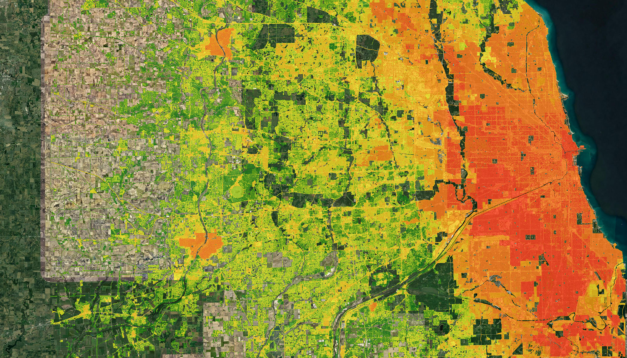Mapa detallado con zonas codificadas por colores que van del verde al rojo, indicando diferentes valores de datos en una región de la ciudad.