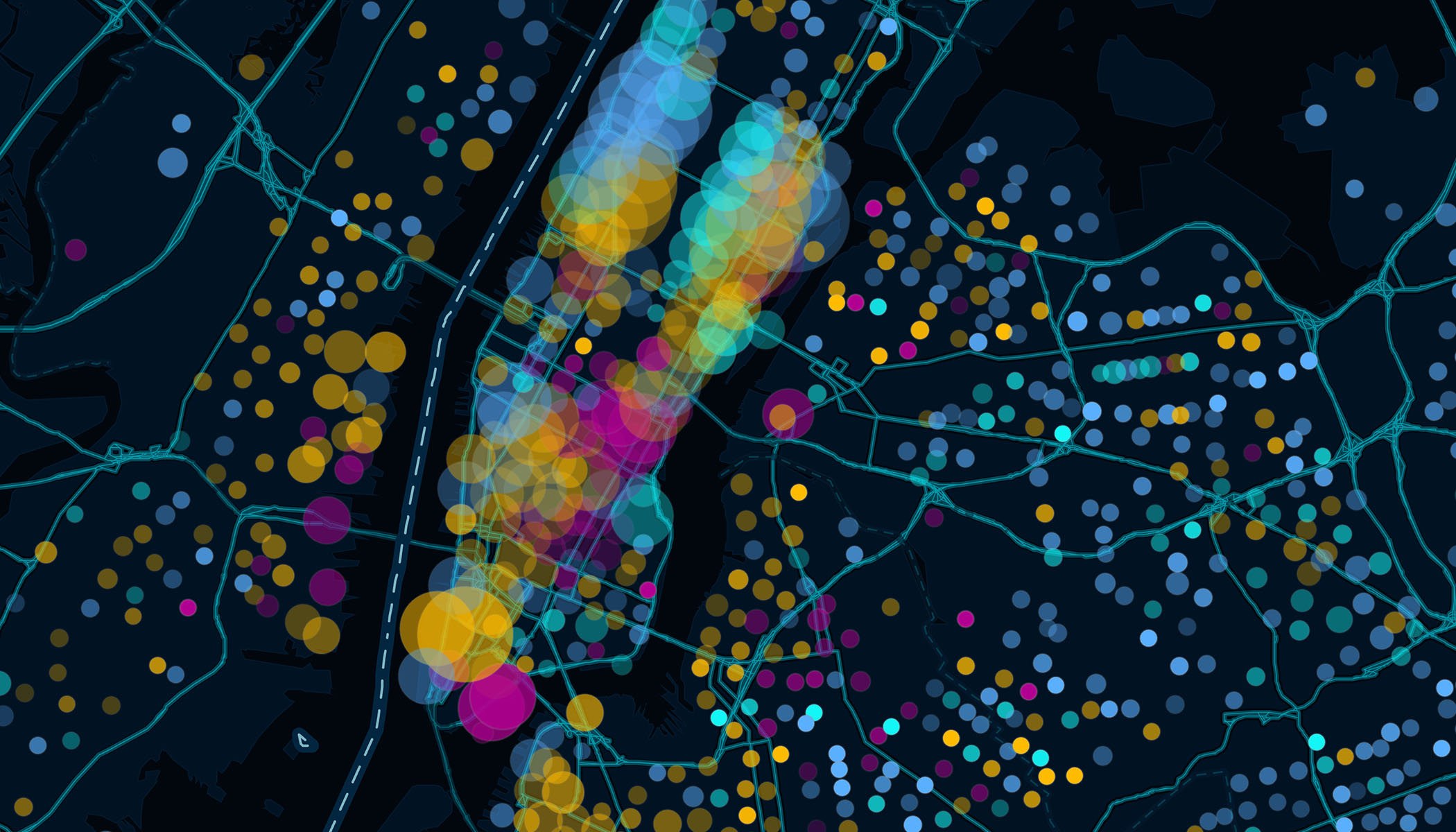Mapa con agrupaciones de círculos de colores superpuestos de diversos tamaños, que representan puntos de datos de toda la ciudad.