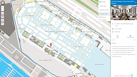 Mapa digital de interior de un edificio complejo que contiene imágenes y datos de activos, edificios blancos y cuadros grises para el exterior