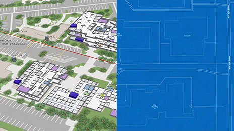 Imágenes contiguas de un plano y una imagen del SIG de un edificio blanco que tiene datos con árboles verdes y un aparcamiento gris