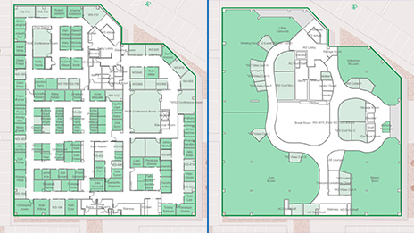 Pantalla dividida de dos mapas con cuadrados verdes y texto negro que representan los datos del suelo
