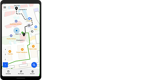 Teléfono móvil con un mapa interior que muestra la navegación interior de un punto a otro.