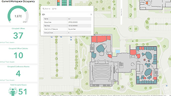Cuadro de mando en el SIG de interiores que muestra la interfaz de planificación del espacio de oficinas con datos de localización, un mapa digital de interiores y datos numéricos