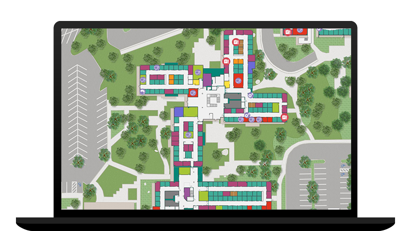 Ordenador portátil en el que se muestra una imagen digital de un campus con cuadrados, círculos y árboles verdes que representan una interfaz de gestión del espacio