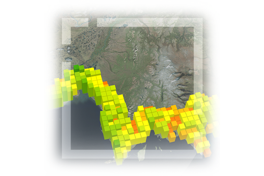 Mapa de país con datos costeros representados por píxeles de tonos verdes, amarillos y rojos con un cuadrado blanco traslúcido 
