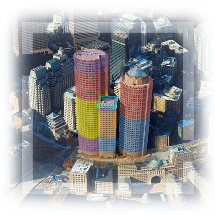 Vista aérea en 3D del centro de Boston (Massachusetts) con tres edificios resaltados en distintos colores.