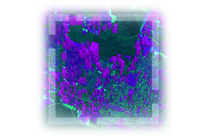 Vista aérea en 3D del centro de Boston (Massachusetts) con tres edificios resaltados en distintos colores.