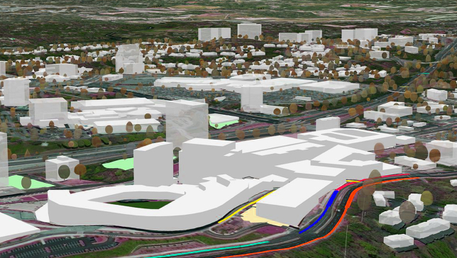 Mapa 3D con edificios blancos y árboles verdes dispersos con rutas de color que resaltan la carretera