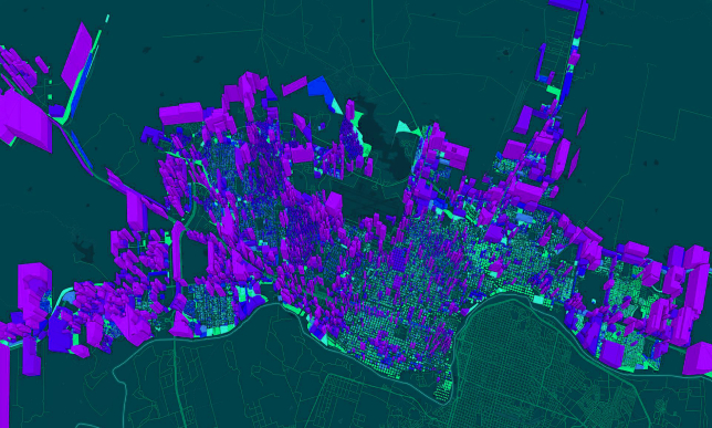 Mapa de ciudad verde con edificios azules y morados en 3D