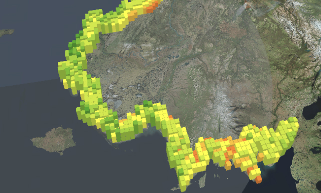 Mapas de masa de tierra con datos costeros resaltados, representados mediante píxeles de colores en tonos de verde, amarillo y rojo