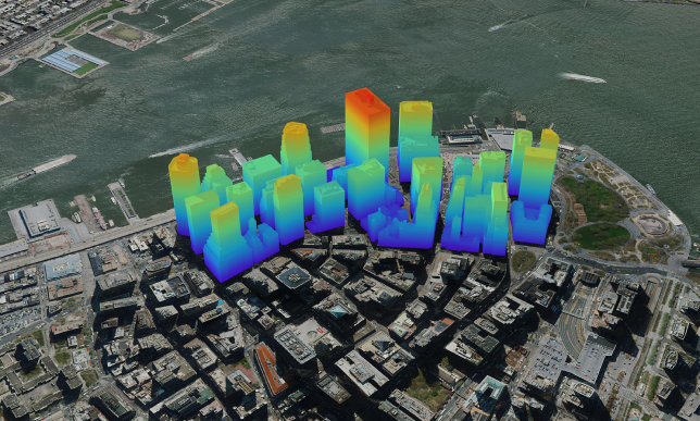 Vista aérea 3D de una ciudad y un puerto de mar con un grupo de edificios altos en tonos azules y rojos