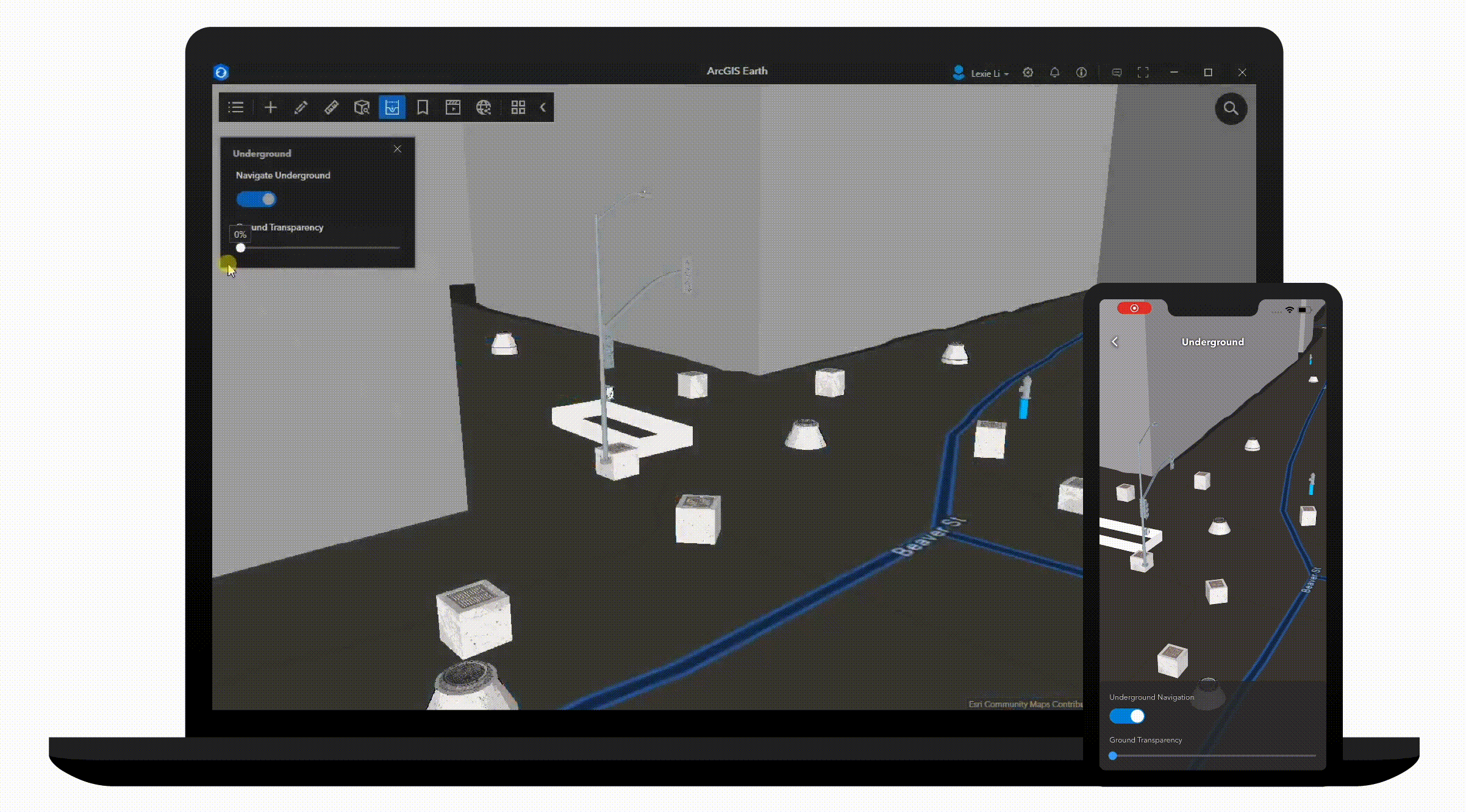 Dispositivos móviles que muestran una visualización subterránea de la red de servicios con paredes en gris y rutas resaltadas en verde y azul