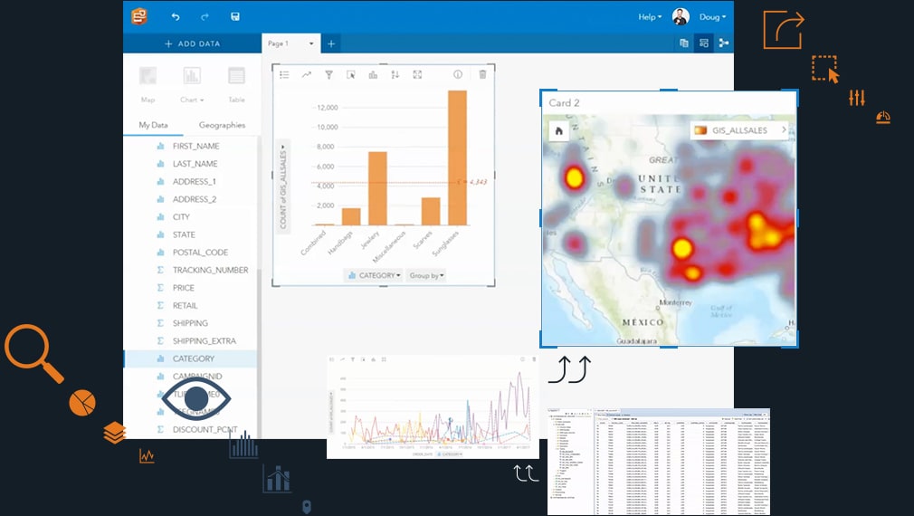 Mapping software highlighting dashboard widgets