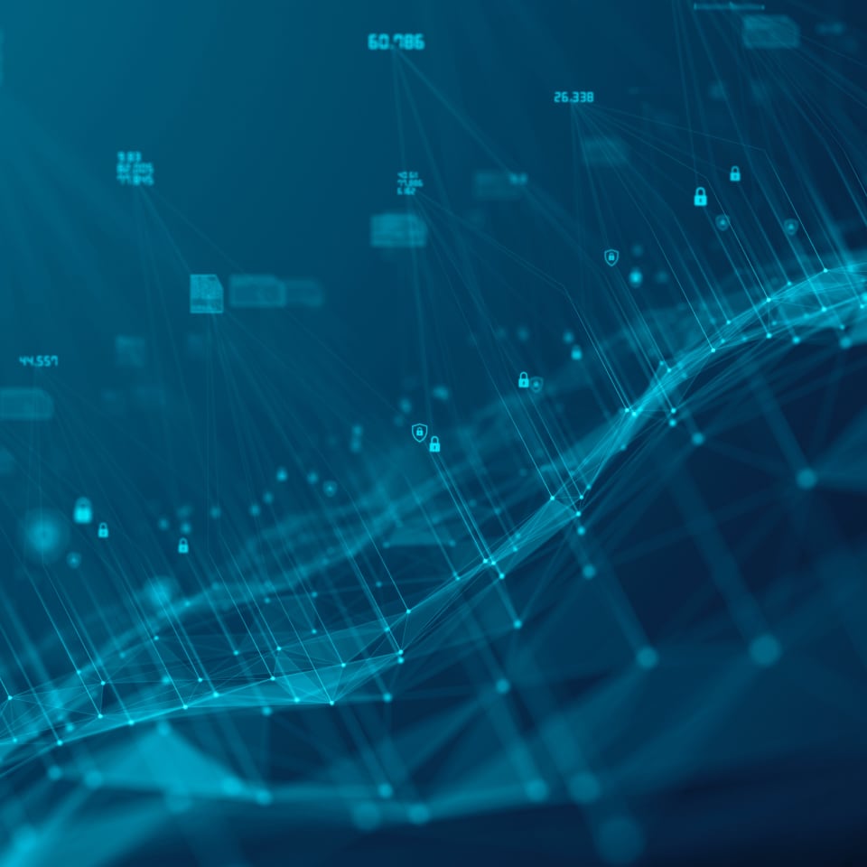 Graphic of an undulating blue network of lines and dots representing connectivity, scattered with lock icons suggesting security