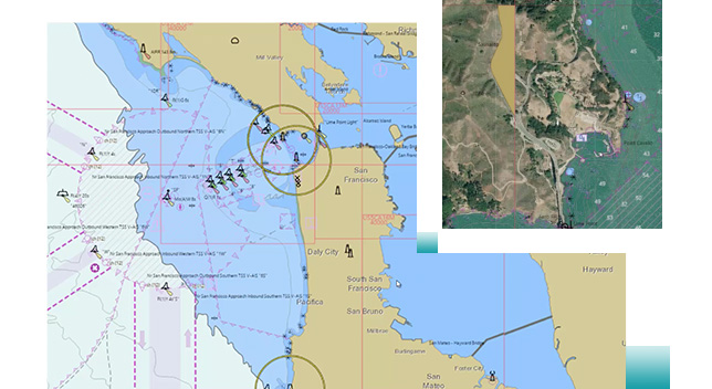 A composite photo of a large sunlit farmland with an overlay of a colorful heat map grid as a drone flies overhead