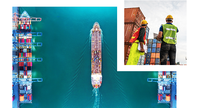 A composite photo of a large sunlit farmland with an overlay of a colorful heat map grid as a drone flies overhead