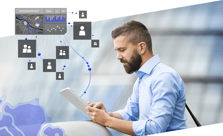 Jóvenes profesionales que trabajan en una tablet, iconos de personas unidos por una línea, gráfico con mapa y gráfico de barras