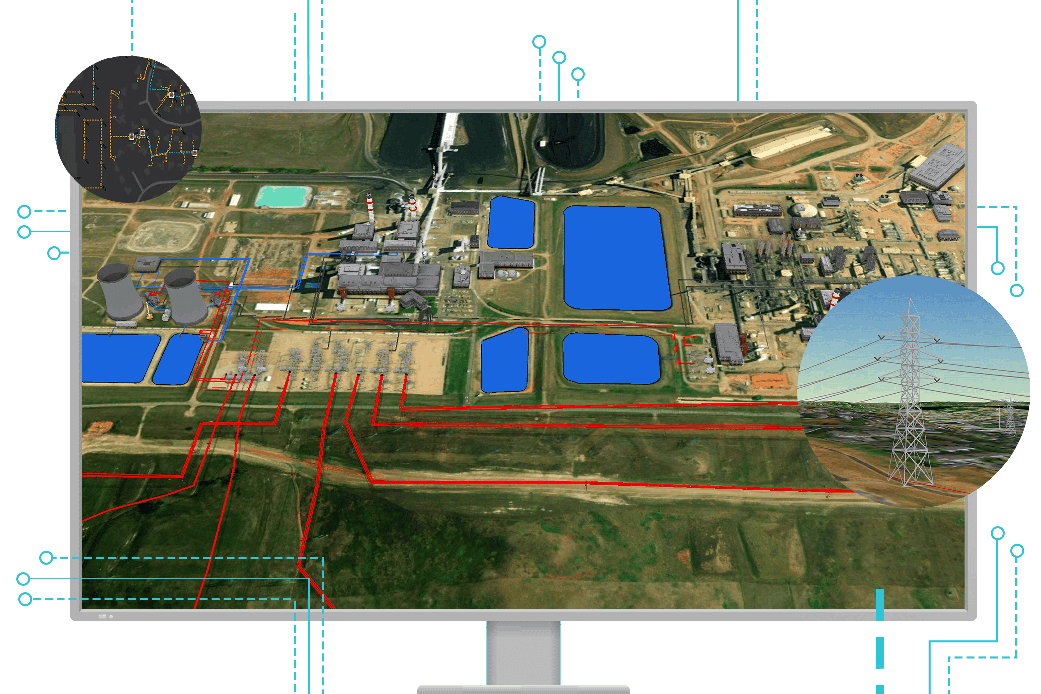Una pantalla de ordenador mostrando una imagen en 3D de una gran instalación, agua y líneas rojas que representan una instalación de distribución de agua