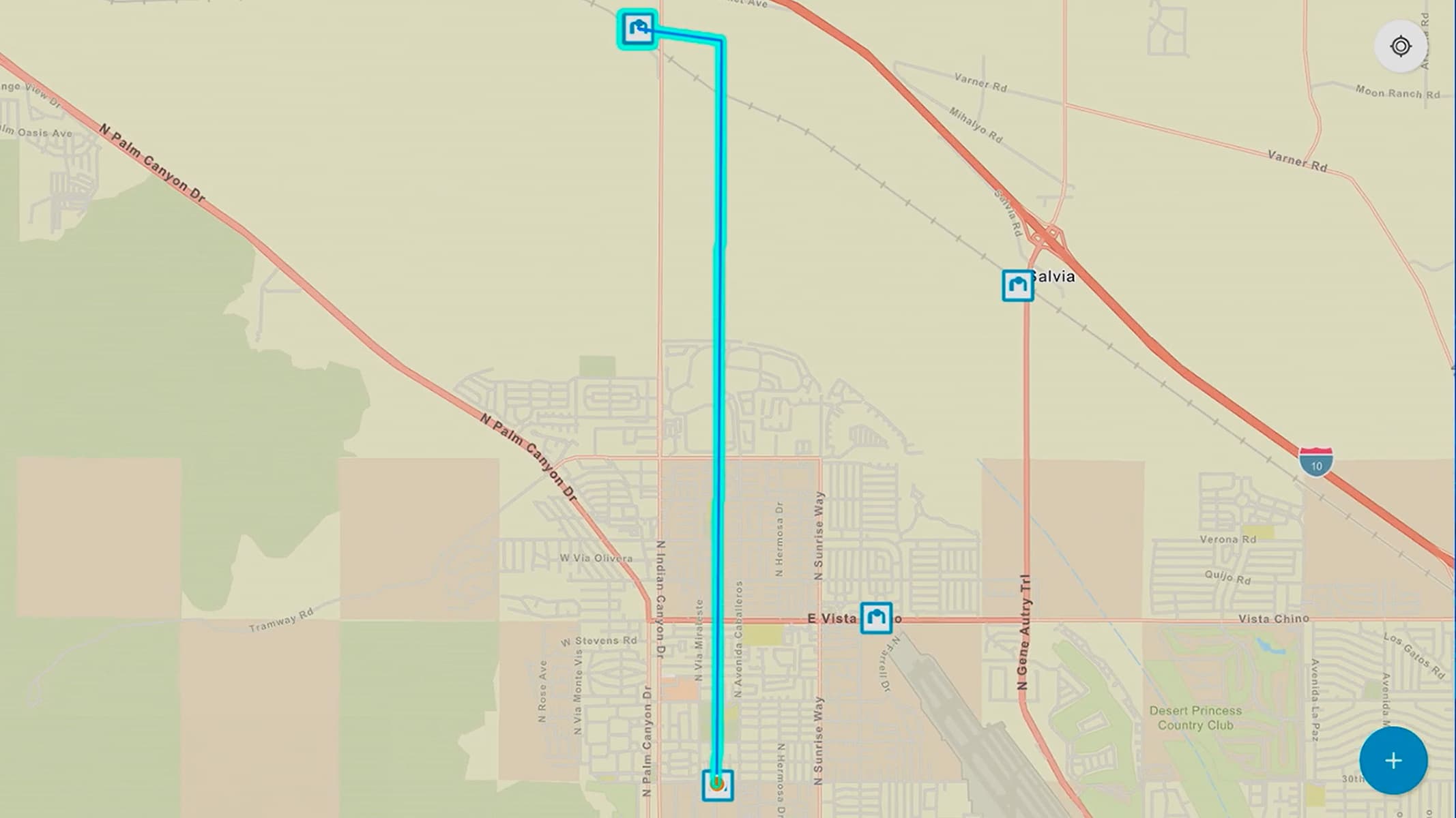 Mapa beige con líneas rojas y azules que representan un gasoducto trazado en ArcGIS Field Maps.