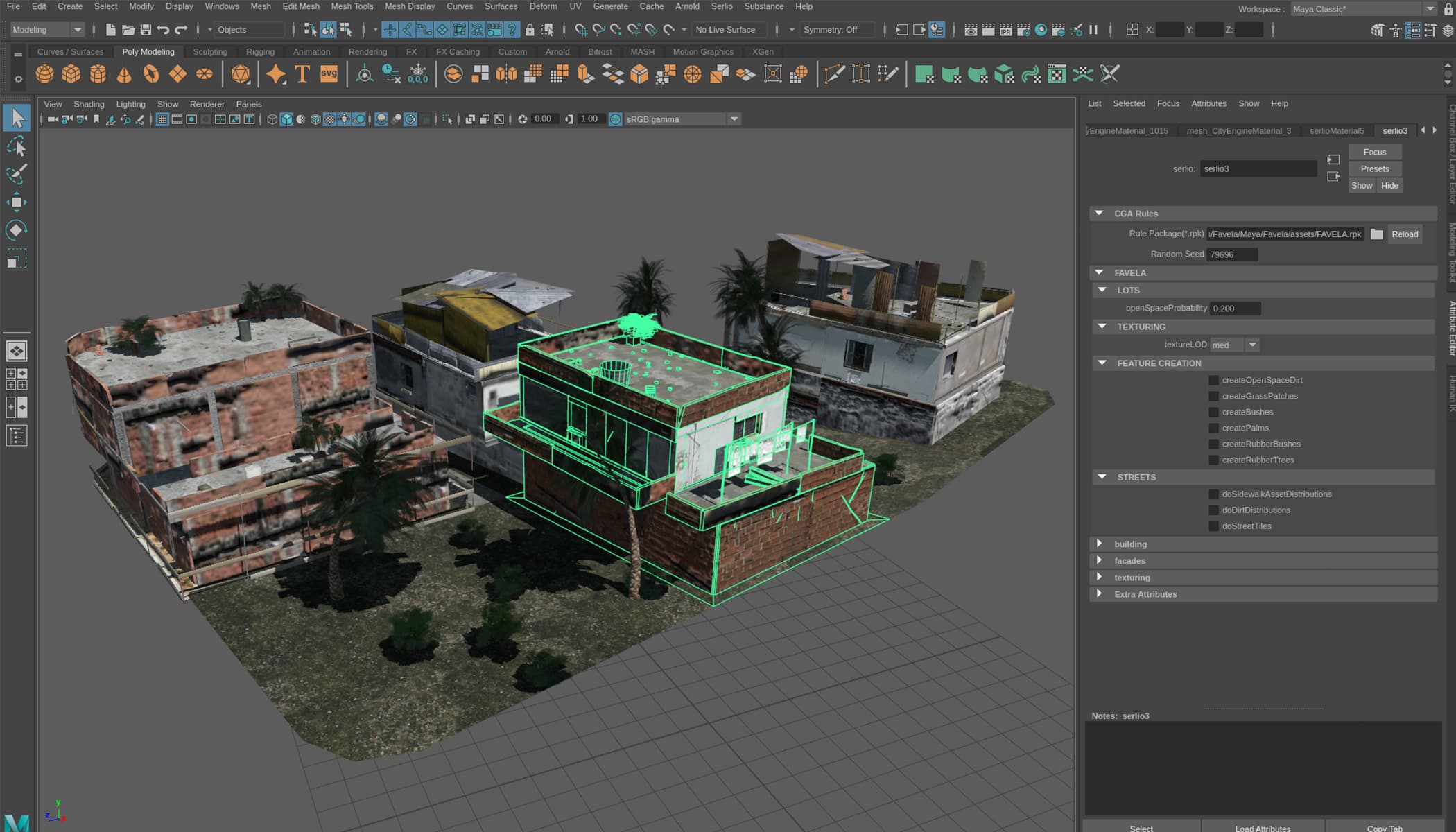 Modelo 3D de un grupo pequeño de edificios, uno dentro de un contorno verde