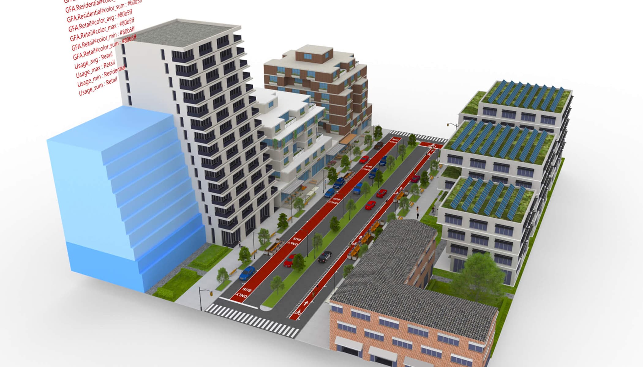 Modelo de ciudad 3D con edificios, calles y coches