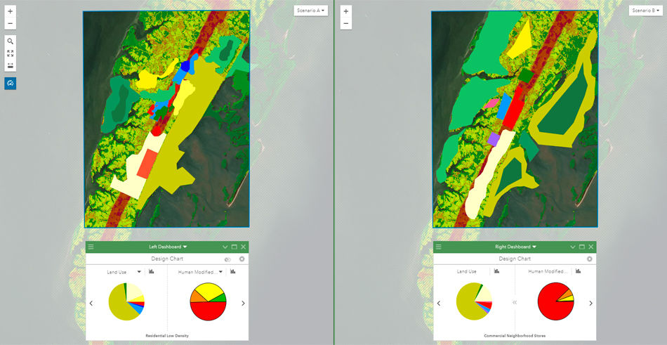 Gráficos de tarta y mapas digitales en paralelo en ArcGIS GeoPlanner que representan múltiples propuestas de diseño 